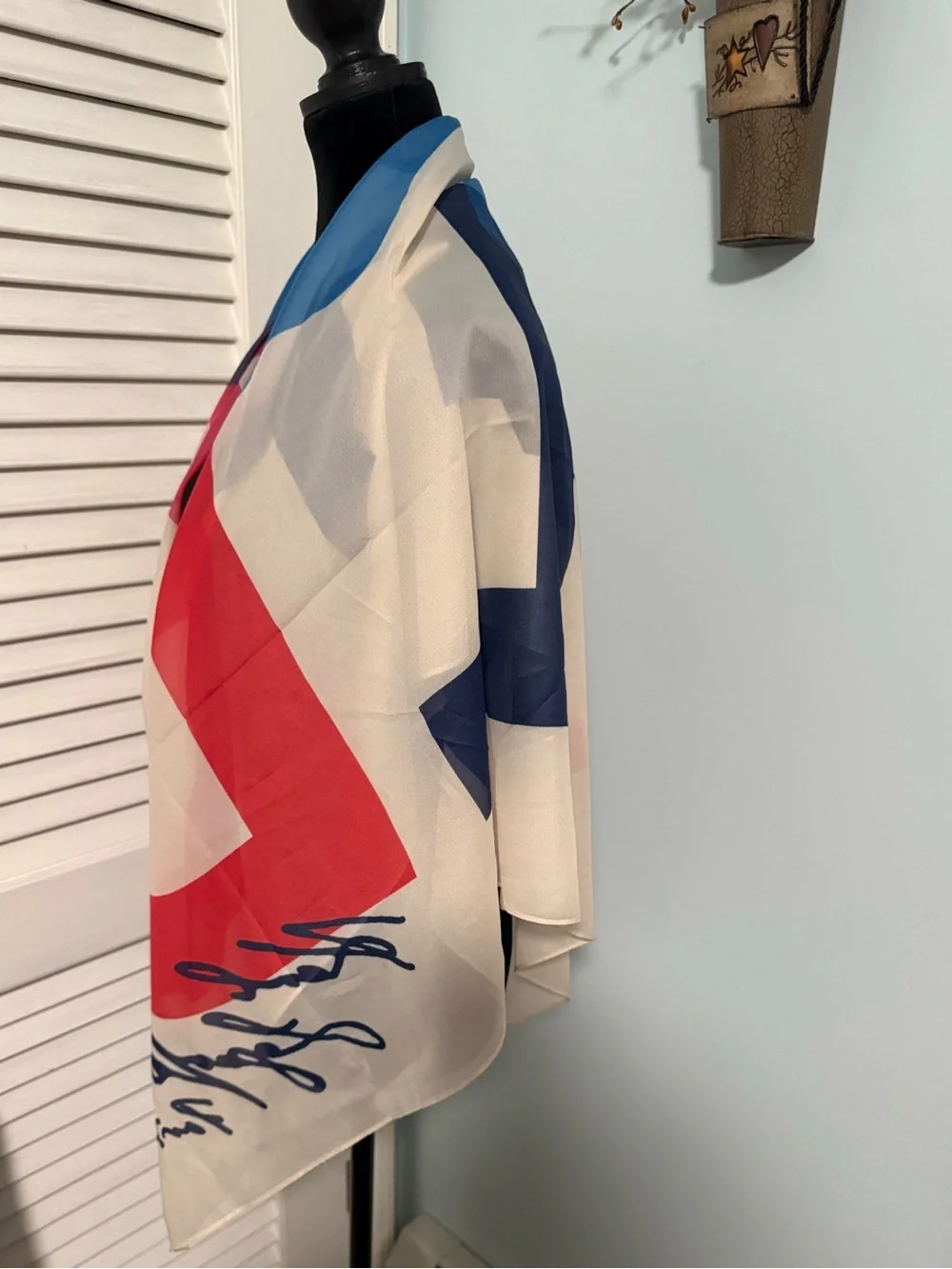 Karl Lagerfeld Cream Scarf with Red and Blue Accents and Karl Signature!